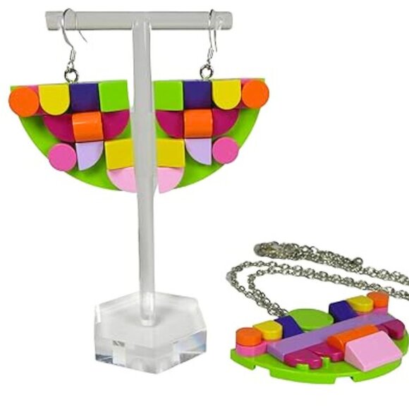 Upcycled Lego Brick Modern Mosaic Necklace & Earrings in Pink, Orange, Green, - Picture 2 of 3